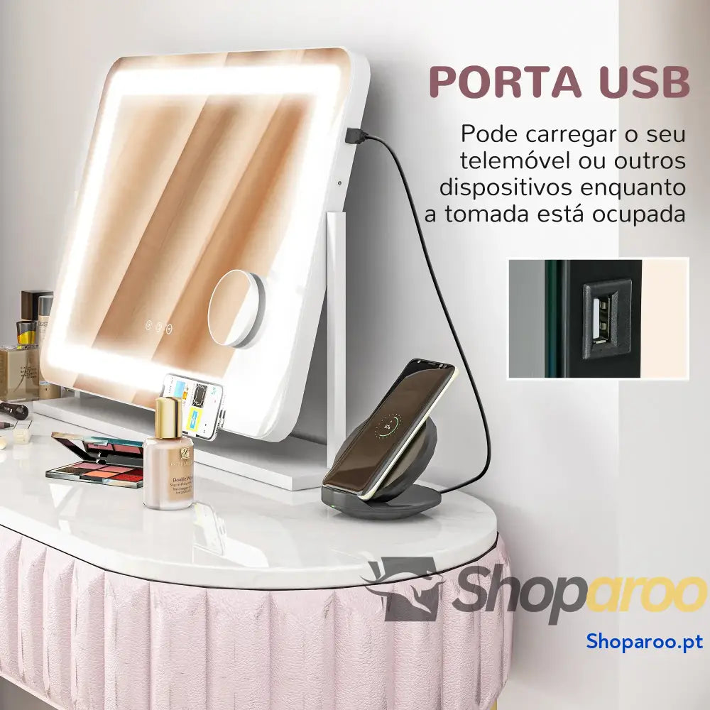 Espelho de maquilhagem com luzes LED e suporte para telemóvel branco