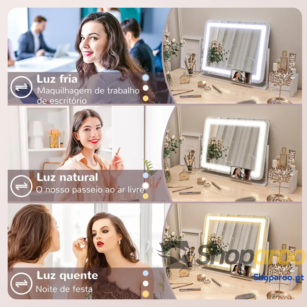 Espelho de maquilhagem com luzes LED e suporte para telemóvel branco