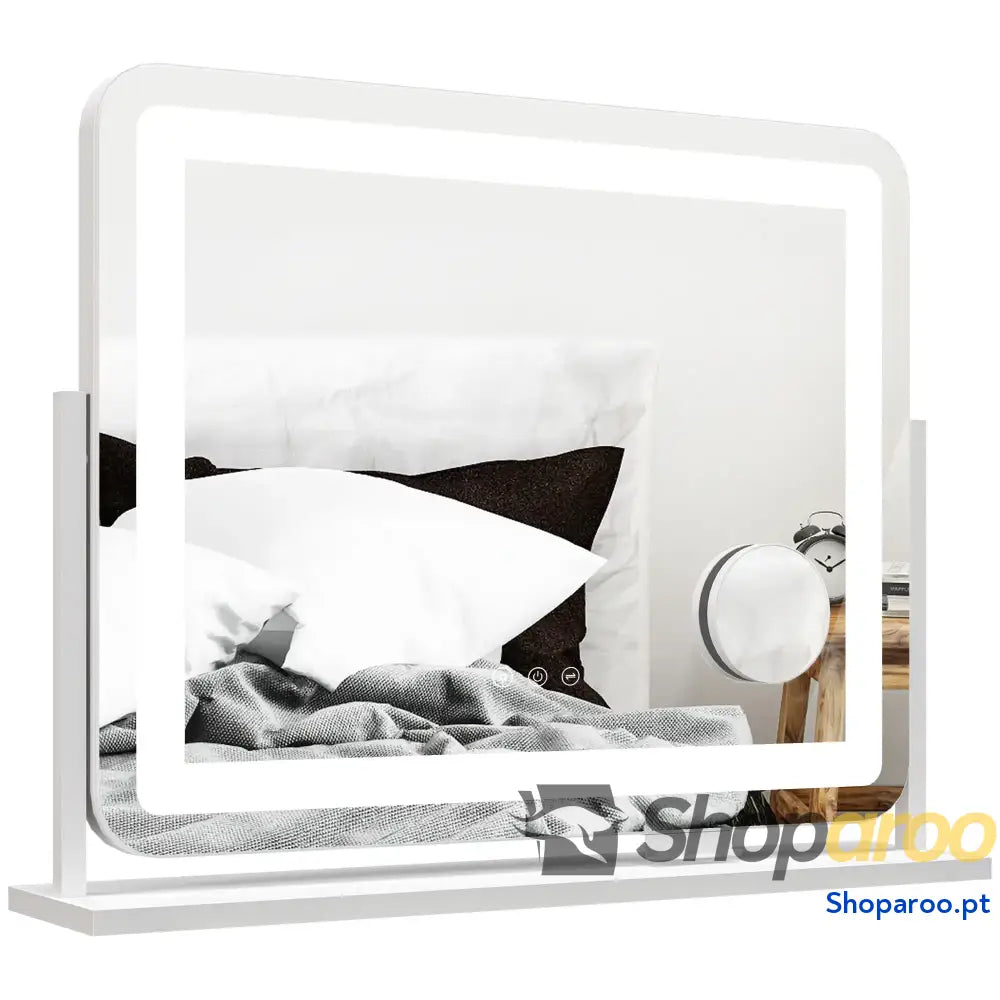 Espelho de maquilhagem com luzes LED e suporte para telemóvel branco