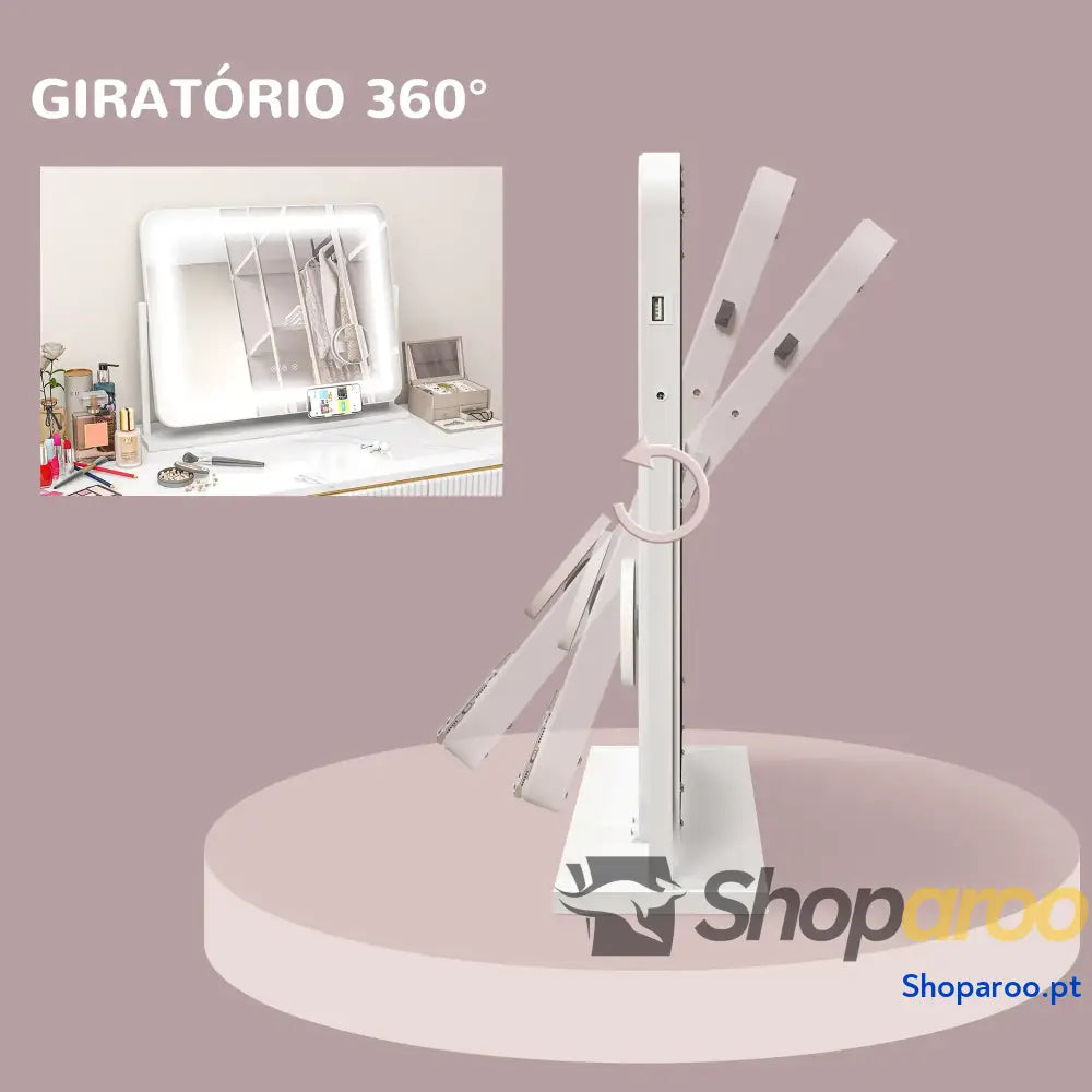 Espelho de maquilhagem com luzes LED e suporte para telemóvel branco