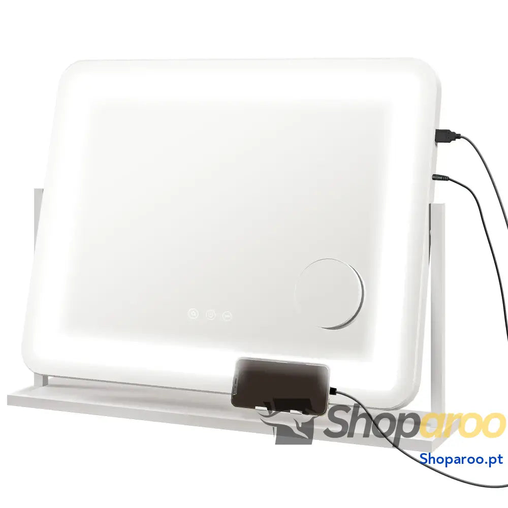 Espelho de maquilhagem com luzes LED e suporte para telemóvel branco
