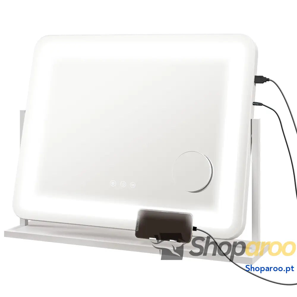 Espelho de maquilhagem com luzes LED e suporte para telemóvel branco