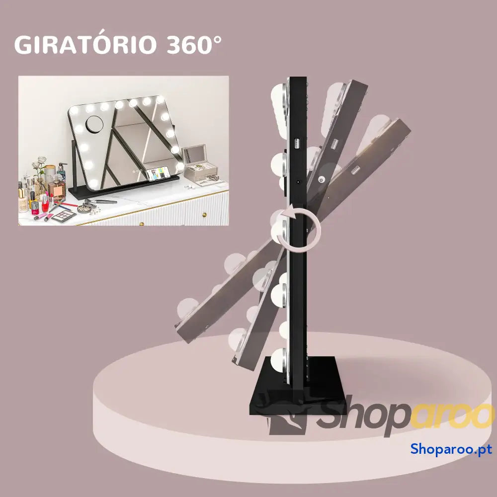 Espelho de Maquilhagem Estilo Hollywood com Luzes LED Preto