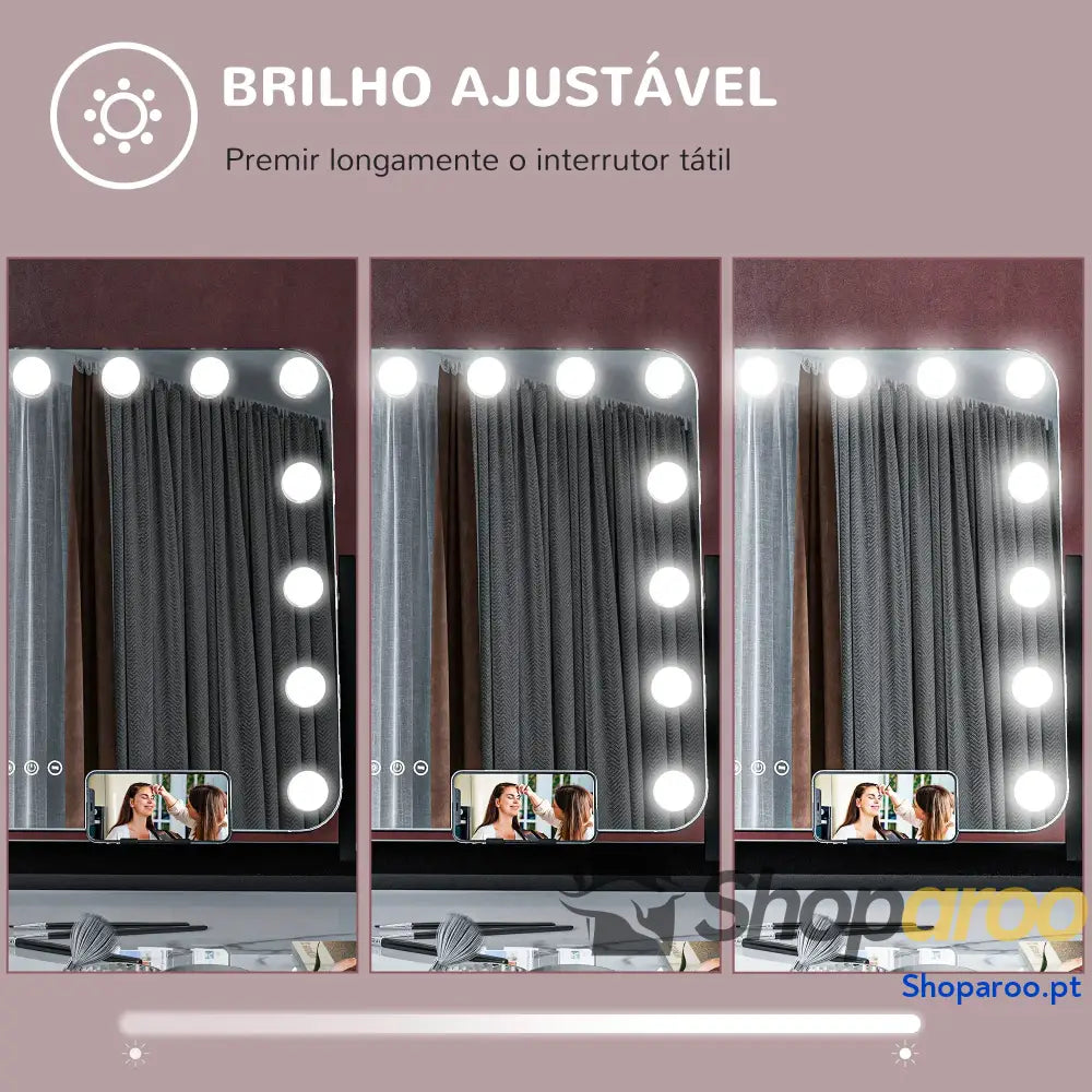 Espelho de Maquilhagem Estilo Hollywood com Luzes LED Preto