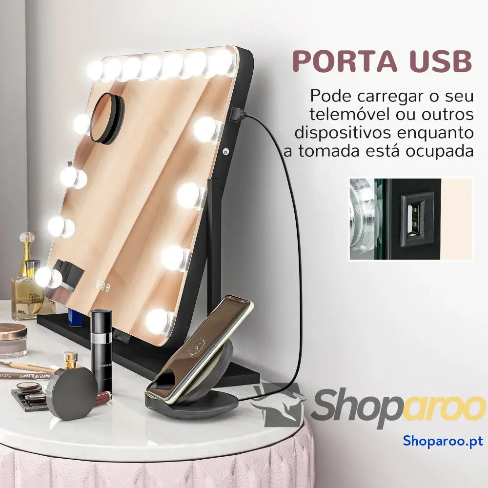 Espelho de Maquilhagem Estilo Hollywood com Luzes LED Preto