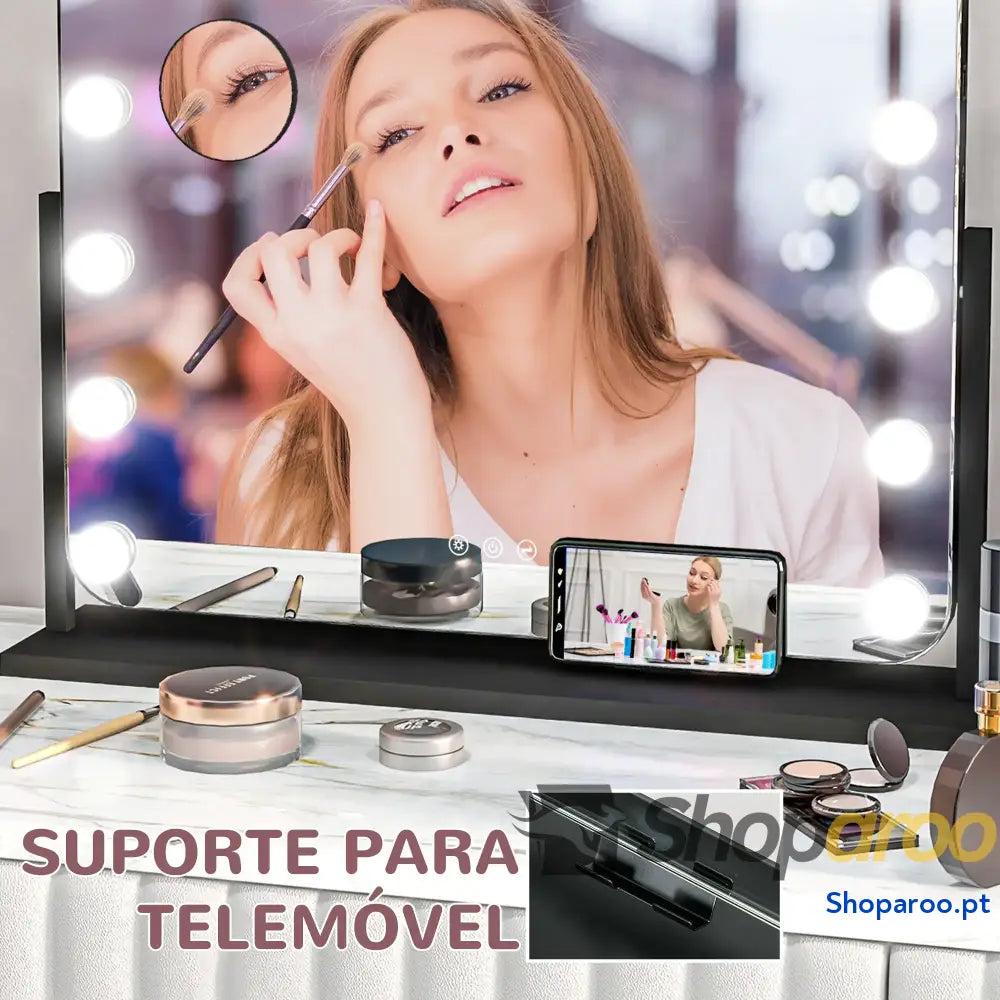 Espelho de Maquilhagem Estilo Hollywood com Luzes LED Preto