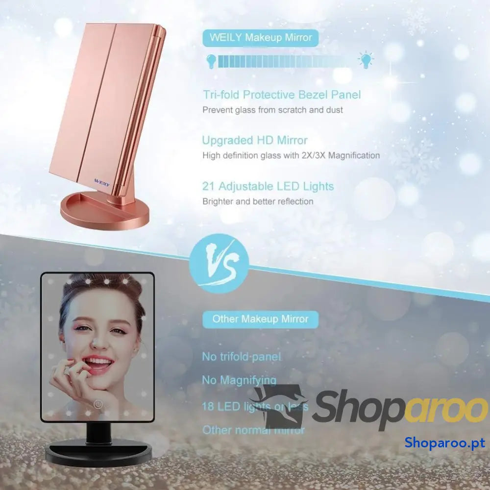 Espelho de maquilhagem iluminado com ampliação 1X / 2X / 3X luzes naturais LED ecrã tátil espelho recarregável