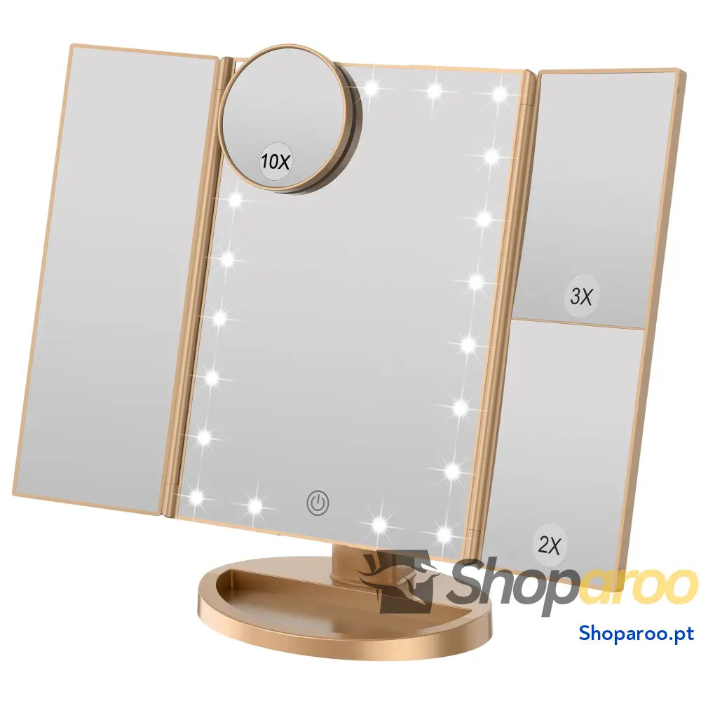 Espelho de maquilhagem iluminado com ampliação 1X / 2X / 3X luzes naturais LED ecrã tátil espelho recarregável
