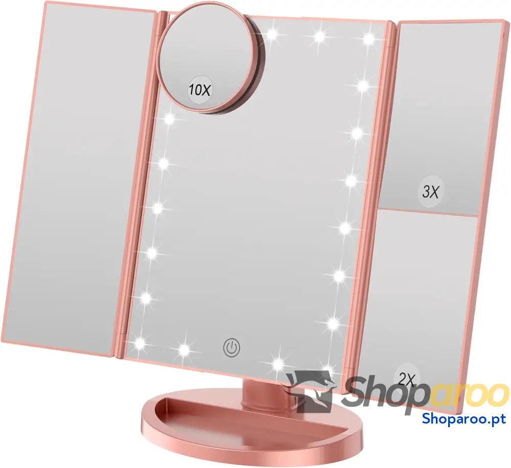 Espelho de maquilhagem iluminado com ampliação 1X / 2X / 3X luzes naturais LED ecrã tátil espelho recarregável