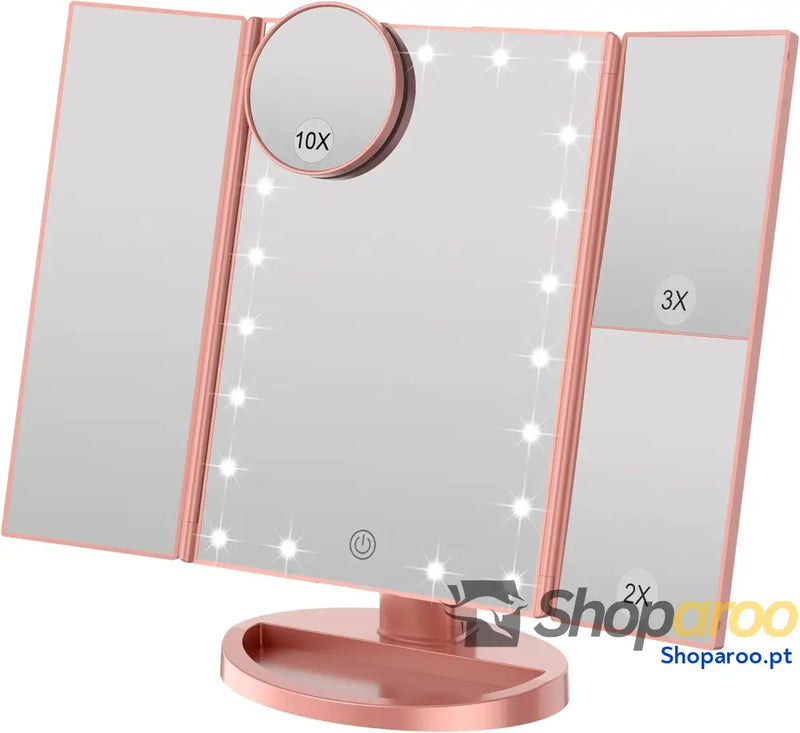 Espelho de maquilhagem iluminado com ampliação 1X / 2X / 3X luzes naturais LED ecrã tátil espelho recarregável