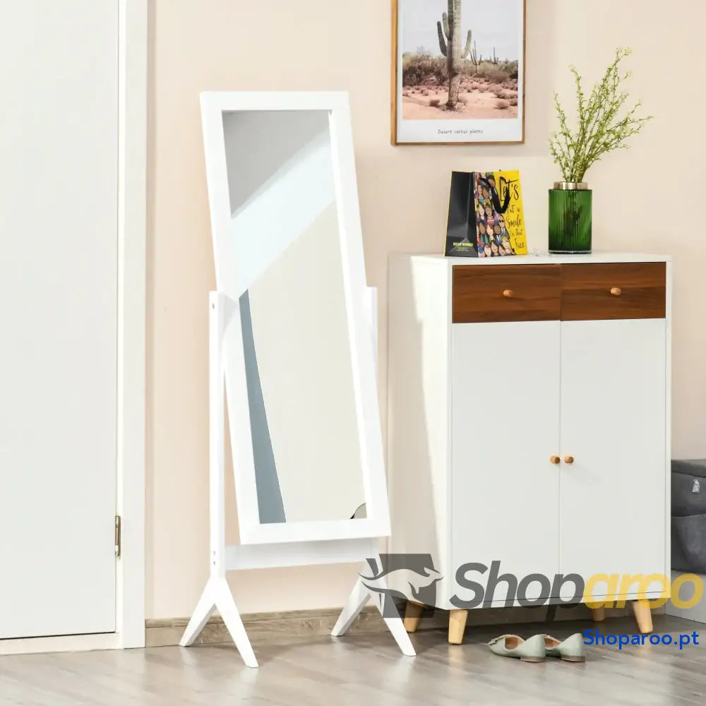 Espelho de maquilhagem de pé reclinável nórdico para quarto sala moldura de madeira 47x46x148 cm branco