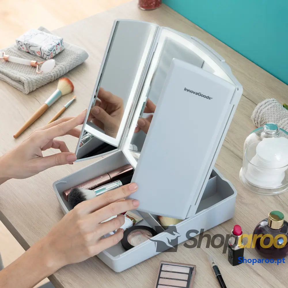 Espelho LED Dobrável com Organizador de Maquilhagem 3 em 1 Panomir InnovaGoods