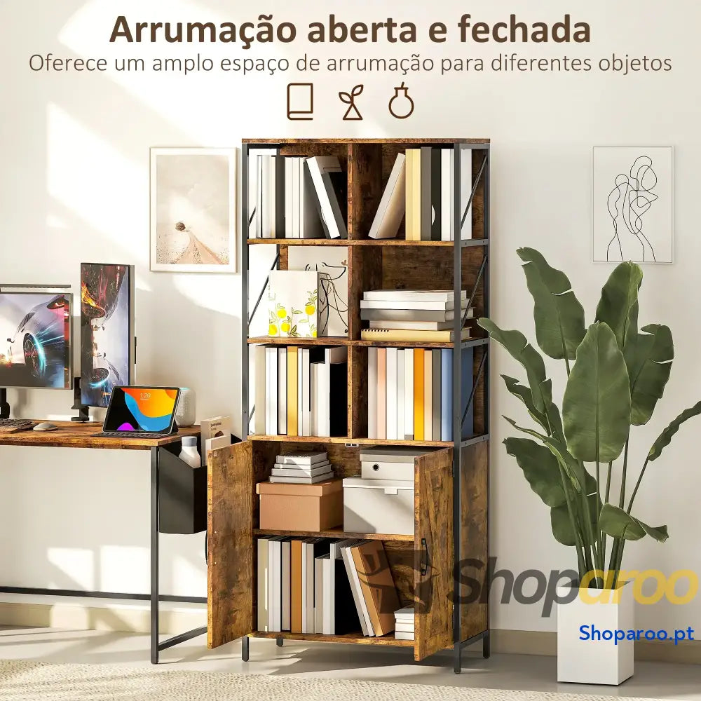 Estante de livros industrial com portas e prateleiras ajustáveis