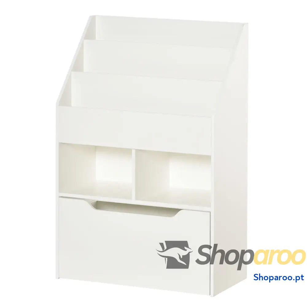 Estante de Madeira para Brinquedos com 3 Compartimentos 2 Cubos e Gaveta Móvel 4 Rodas Livros Infantil Dormitório Sala