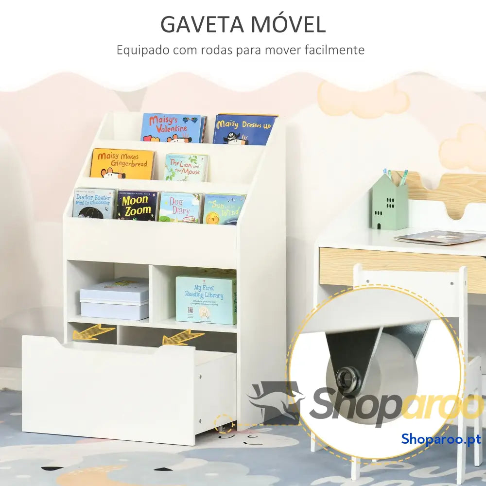 Estante de Madeira para Brinquedos com 3 Compartimentos 2 Cubos e Gaveta Móvel 4 Rodas Livros Infantil Dormitório Sala
