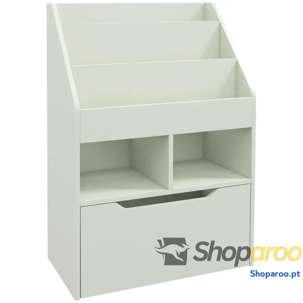 Estante de Madeira para Brinquedos com 3 Compartimentos 2 Cubos e Gaveta Móvel 4 Rodas Livros Infantil Dormitório Sala