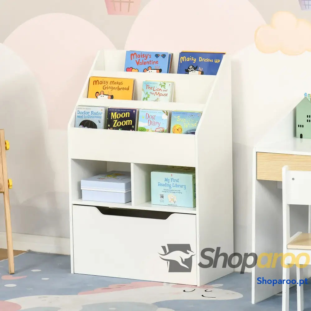 Estante de Madeira para Brinquedos com 3 Compartimentos 2 Cubos e Gaveta Móvel 4 Rodas Livros Infantil Dormitório Sala