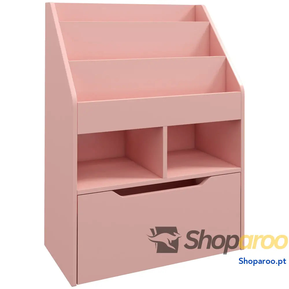 Estante de Madeira para Brinquedos com 3 Compartimentos 2 Cubos e Gaveta Móvel 4 Rodas Livros Infantil Dormitório Sala