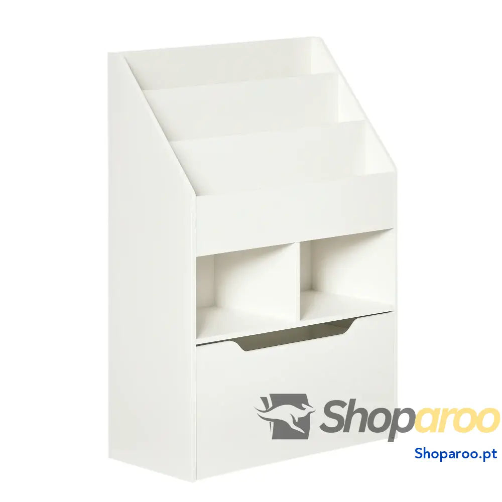 Estante de Madeira para Brinquedos com 3 Compartimentos 2 Cubos e Gaveta Móvel 4 Rodas Livros Infantil Dormitório Sala
