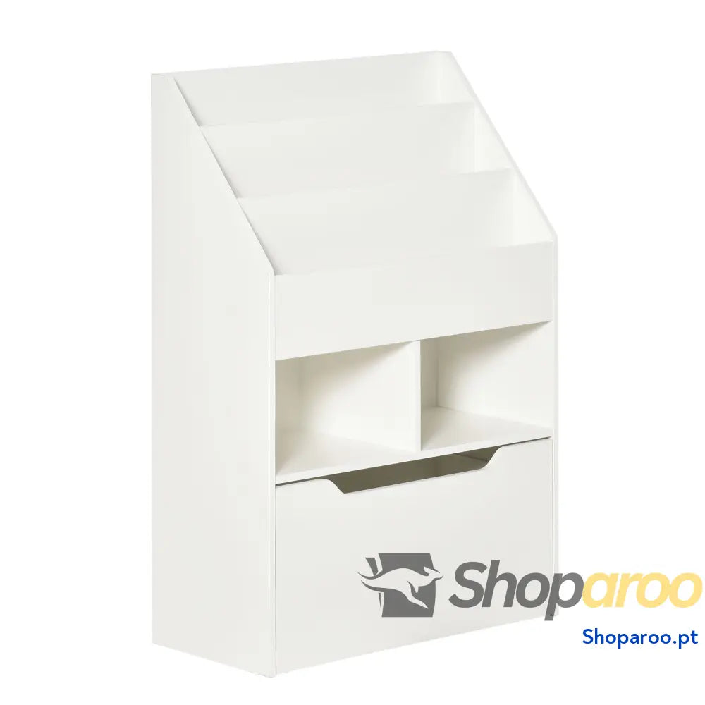 Estante de Madeira para Brinquedos com 3 Compartimentos 2 Cubos e Gaveta Móvel 4 Rodas Livros Infantil Dormitório Sala