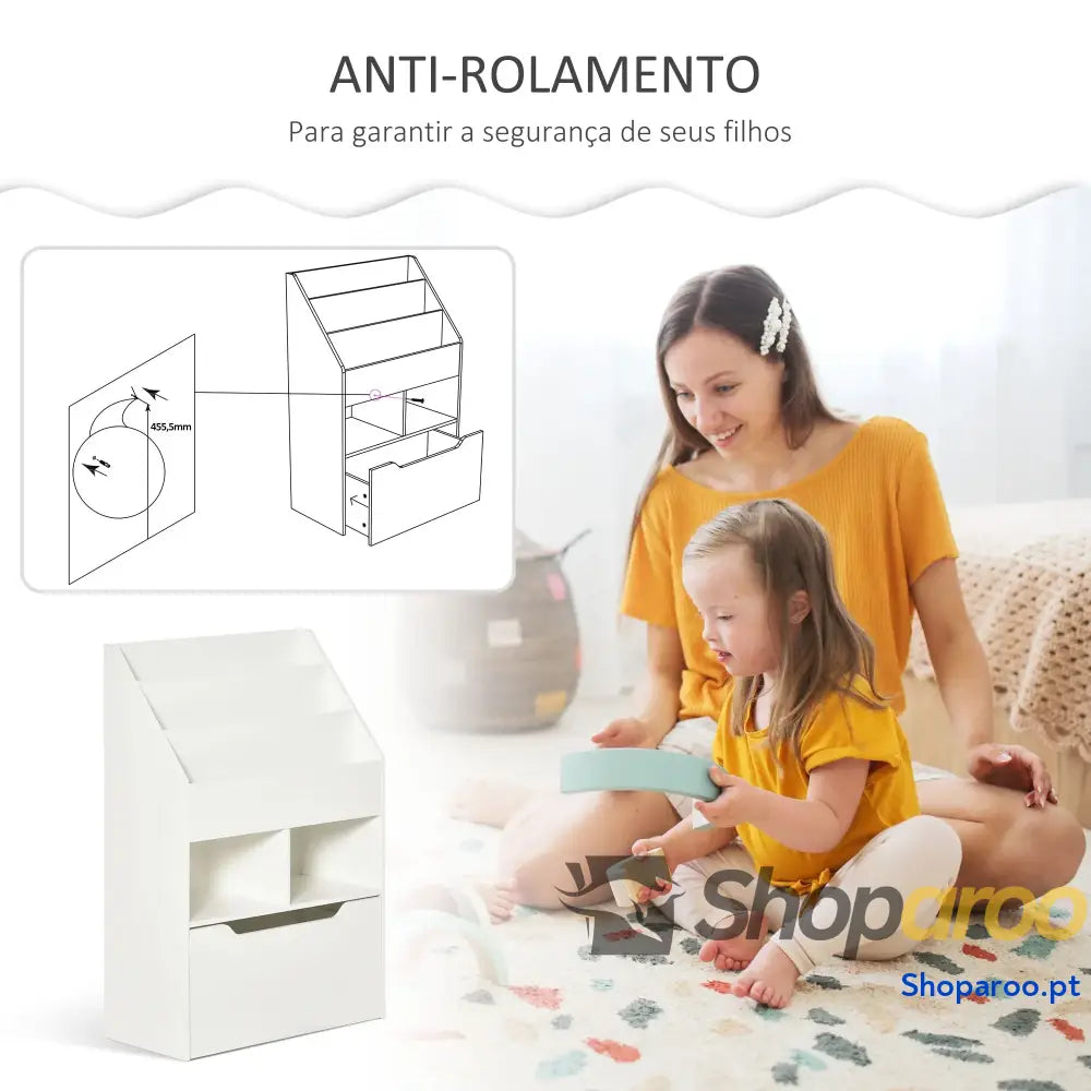 Estante de Madeira para Brinquedos com 3 Compartimentos 2 Cubos e Gaveta Móvel 4 Rodas Livros Infantil Dormitório Sala