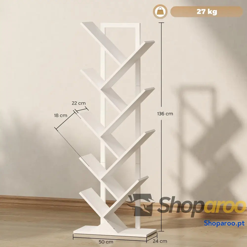 Estante em Forma de Árvore 9 Níveis Livros com Prateleiras e Estrutura Aço 50x24x136 cm Branco