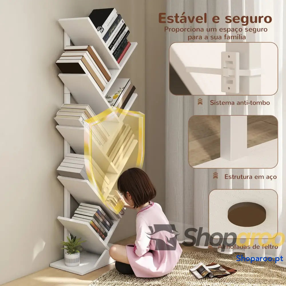 Estante em Forma de Árvore 9 Níveis Livros com Prateleiras e Estrutura Aço 50x24x136 cm Branco