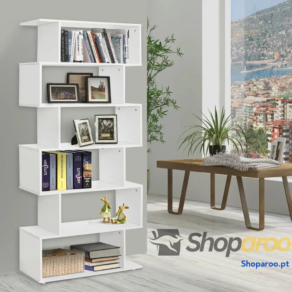 Estante moderna branca com 6 prateleiras em S para livros e decoração