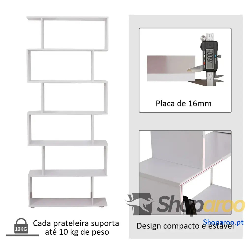 Estante moderna branca com 6 prateleiras em S para livros e decoração