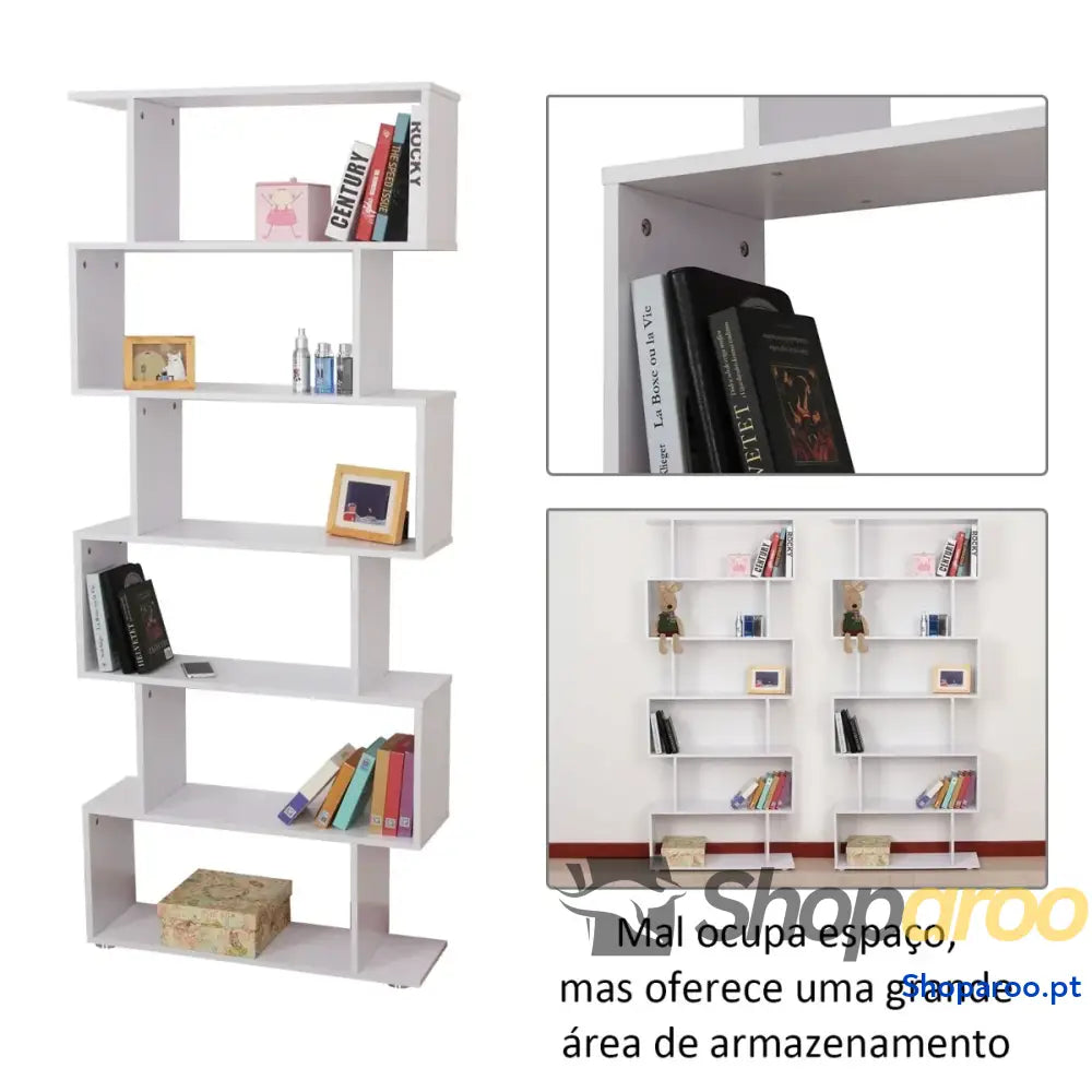 Estante moderna branca com 6 prateleiras em S para livros e decoração