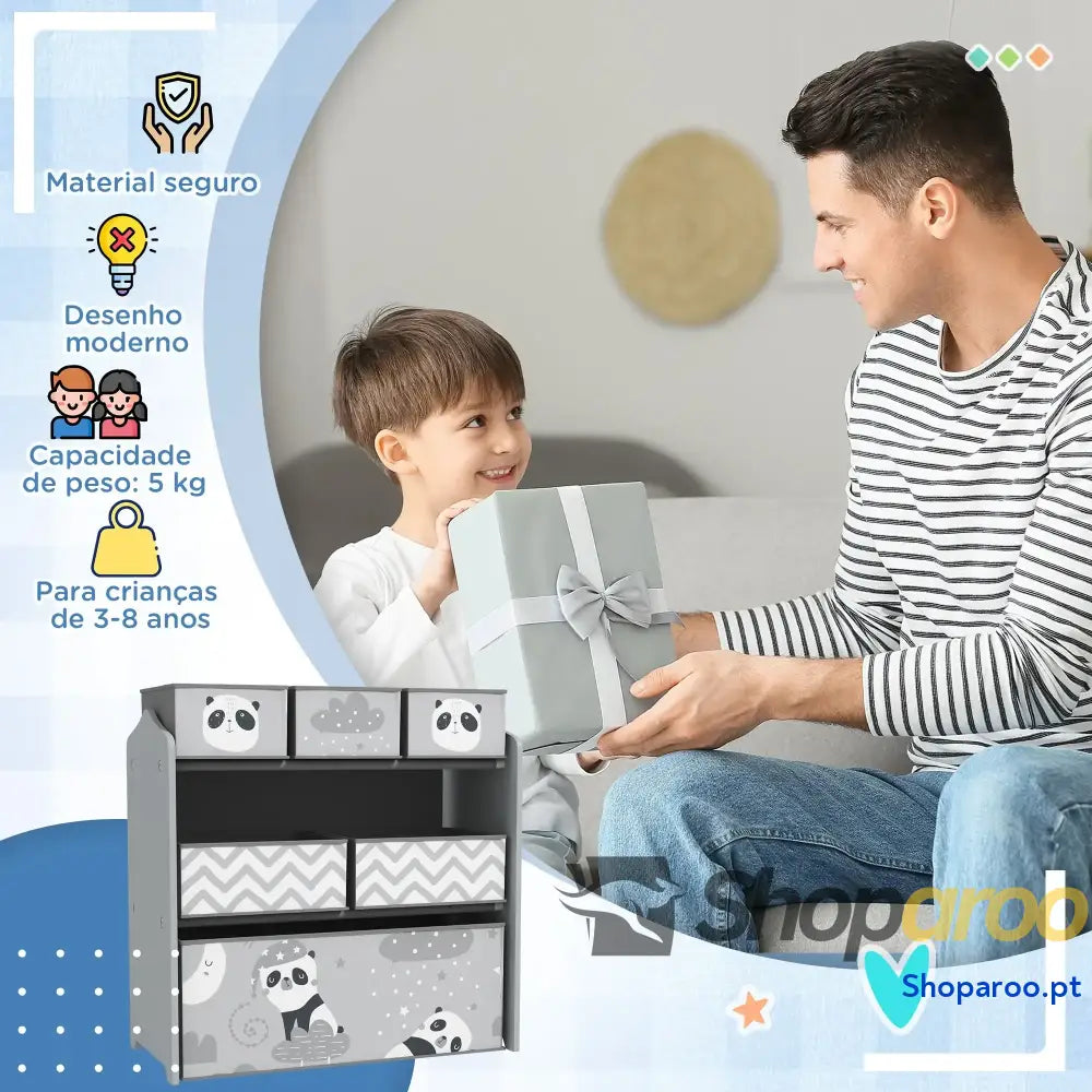 Estante para Brinquedos com 6 Caixas de Tecido não Amovíveis Organizador 63x30x66 cm Cinza