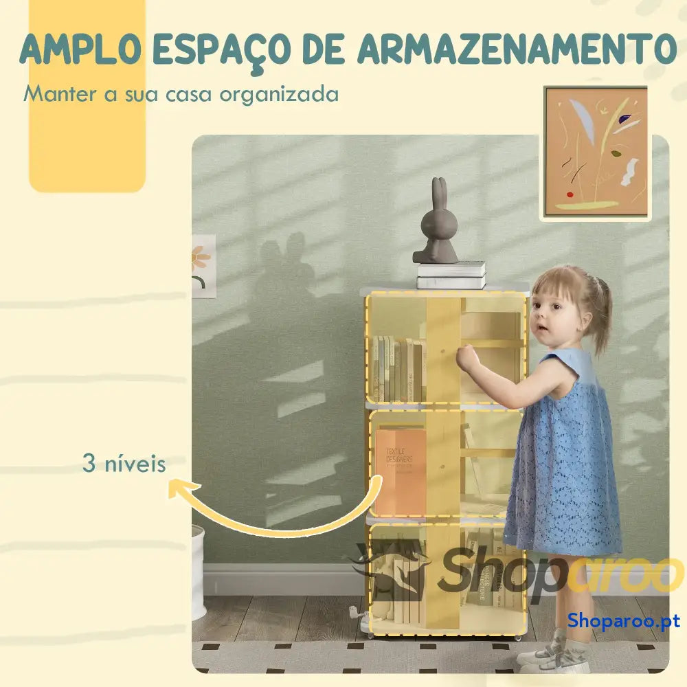 Estante para Livros Infantil Crianças com Rodas 3 Prateleiras 48x48x99,5 cm Branco e Madeira