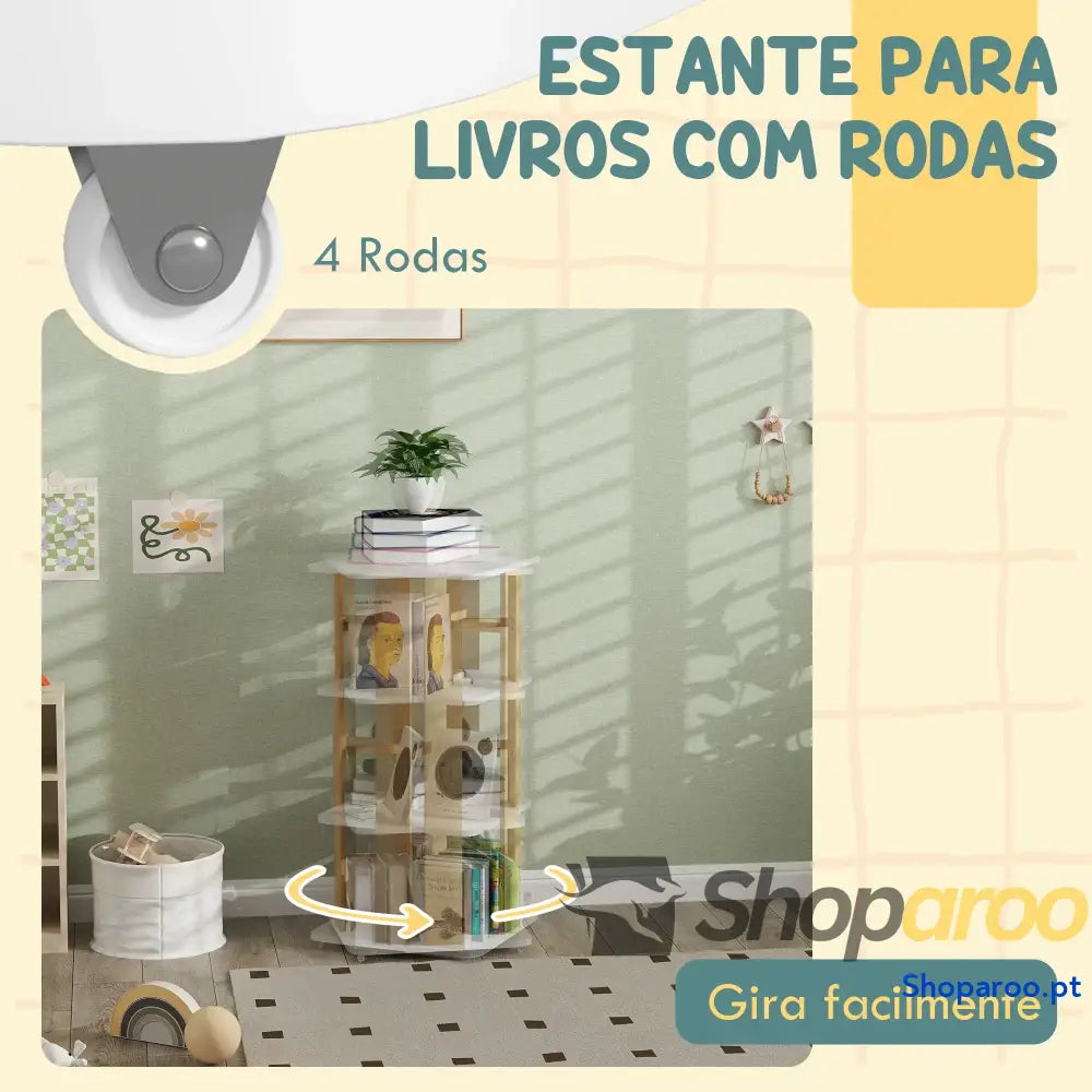 Estante para Livros Infantil Crianças com Rodas 3 Prateleiras 48x48x99,5 cm Branco e Madeira