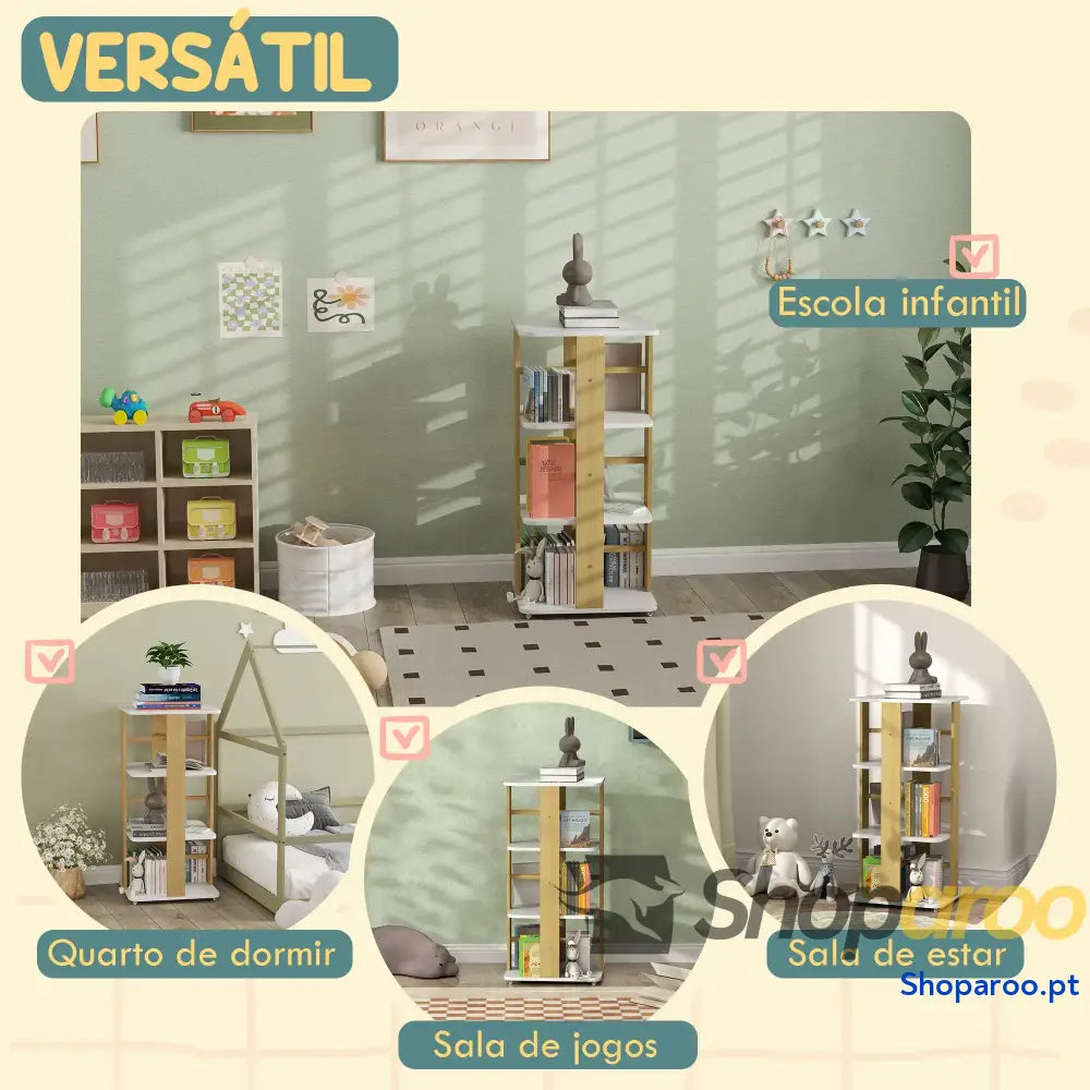 Estante para Livros Infantil Crianças com Rodas 3 Prateleiras 48x48x99,5 cm Branco e Madeira