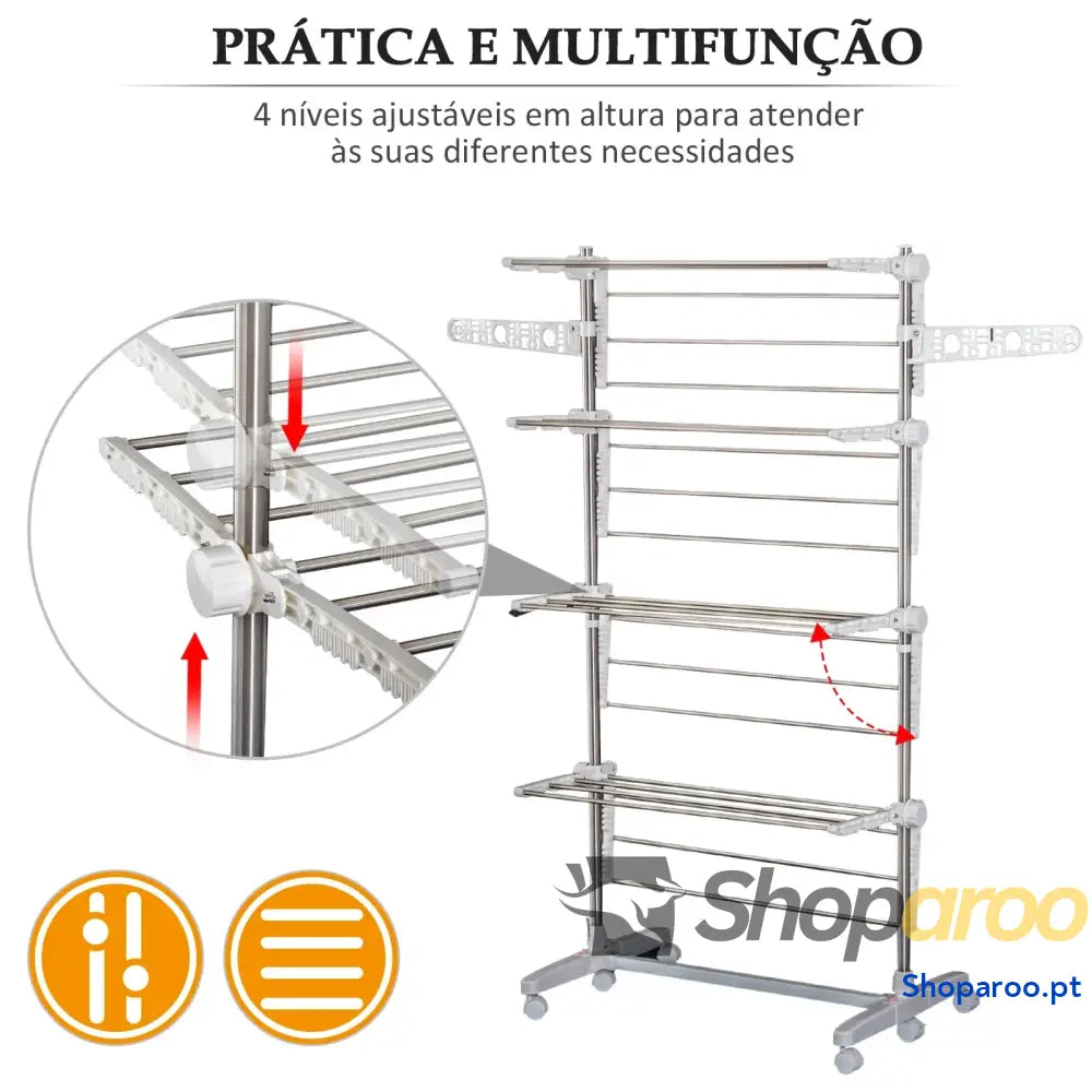 Estendal de Roupa Dobrável com Rodas e Prateleiras Ajustáveis