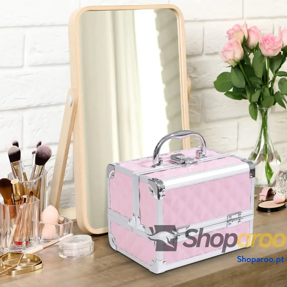 Estojo de Maquilhagem Profissional Rosa com Grande Capacidade e Segurança