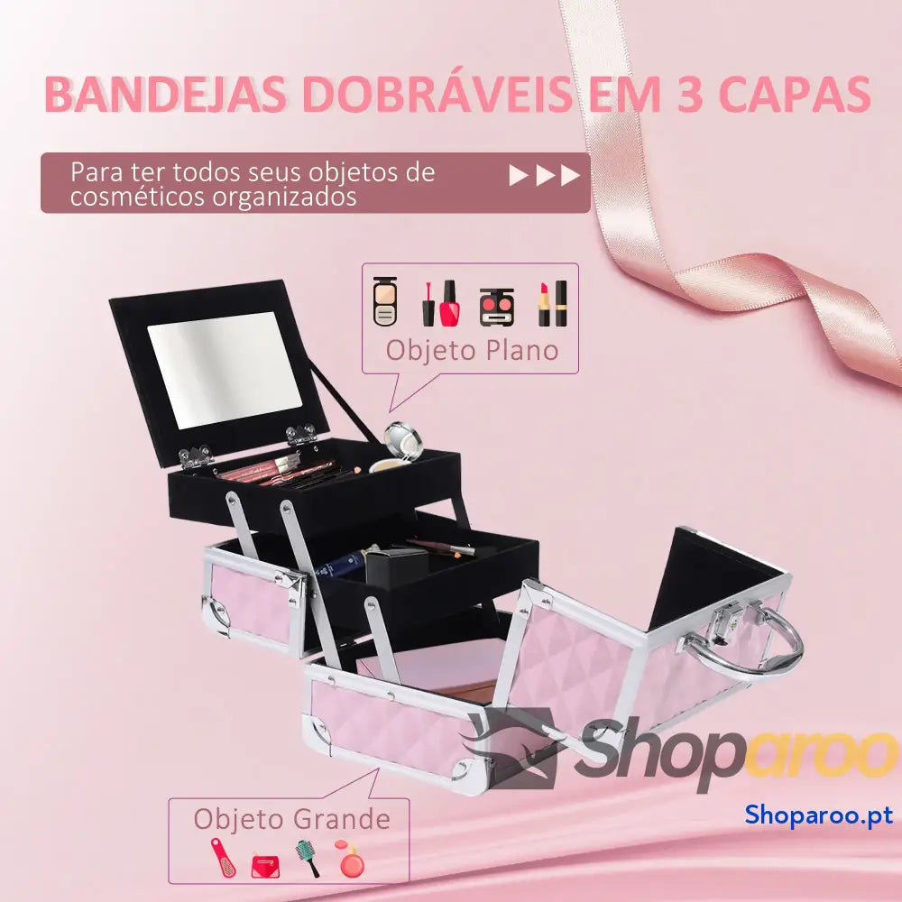 Estojo de Maquilhagem Organizador Cosméticos Profissional 20x15x15cm rosa