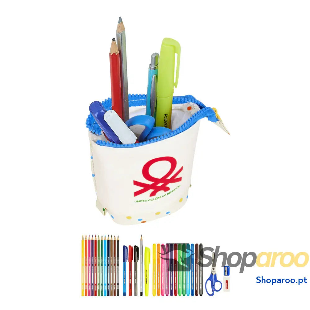 Estojo Escolar com Acessórios Benetton Topitos Branco (8 x 19 x 6 cm) (32 Peças)