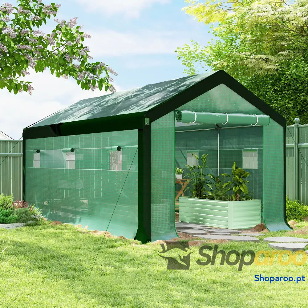 Estufa Tipo Túnel 6x3x2,8 m de Exterior com 6 Janelas Cobertura PE Anti UV e 2 Portas Enroláveis Verde