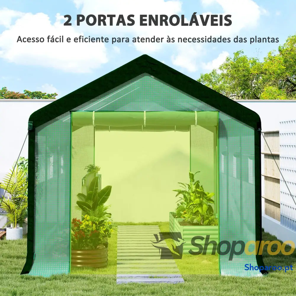 Estufa Tipo Túnel 6x3x2,8 m de Exterior com 6 Janelas Cobertura PE Anti UV e 2 Portas Enroláveis Verde