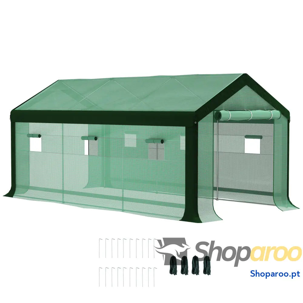 Estufa Tipo Túnel 6x3x2,8 m de Exterior com 6 Janelas Cobertura PE Anti UV e 2 Portas Enroláveis Verde