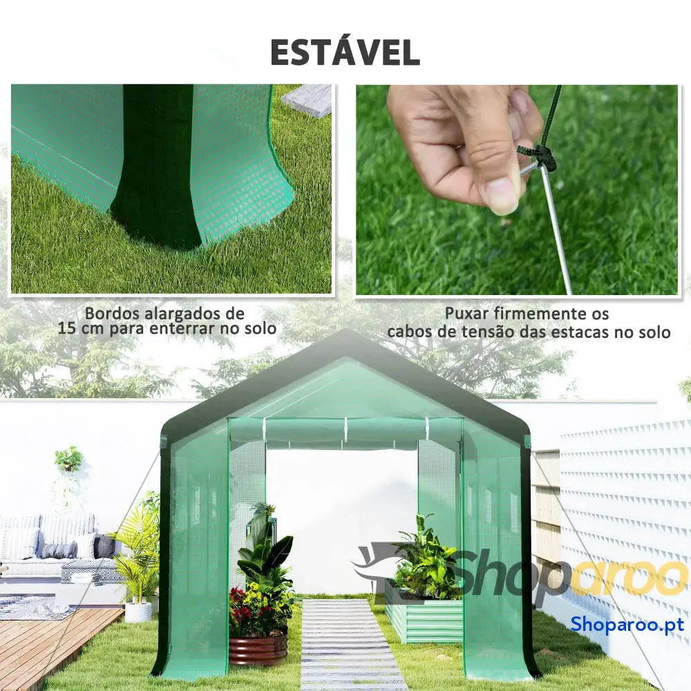 Estufa Tipo Túnel 6x3x2,8 m de Exterior com 6 Janelas Cobertura PE Anti UV e 2 Portas Enroláveis Verde
