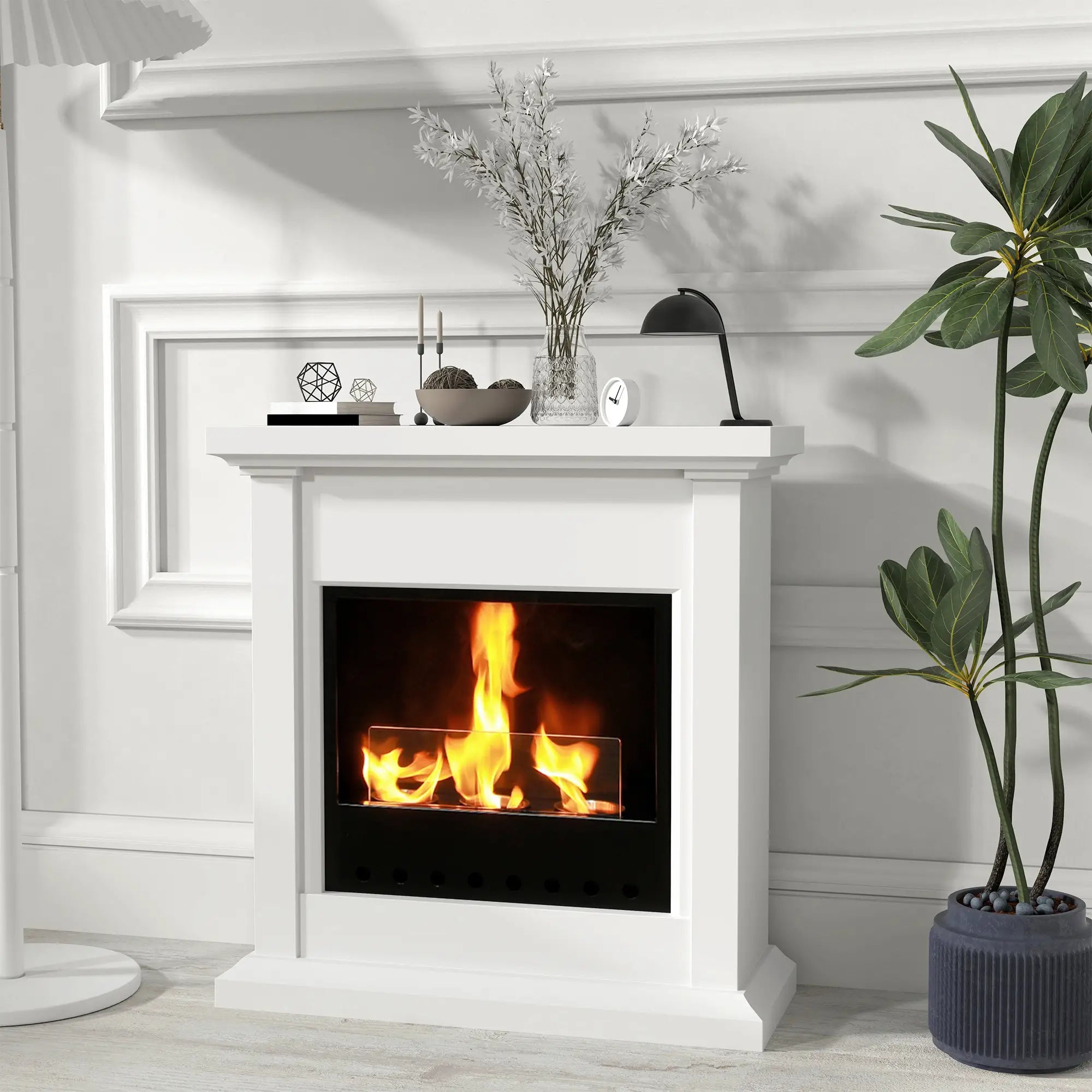 Lareira de Bioetanol com Depósito de 1,2L Tempo de Combustão 3H para Interiores 16-18 m² 63,5x24x66 cm Branco