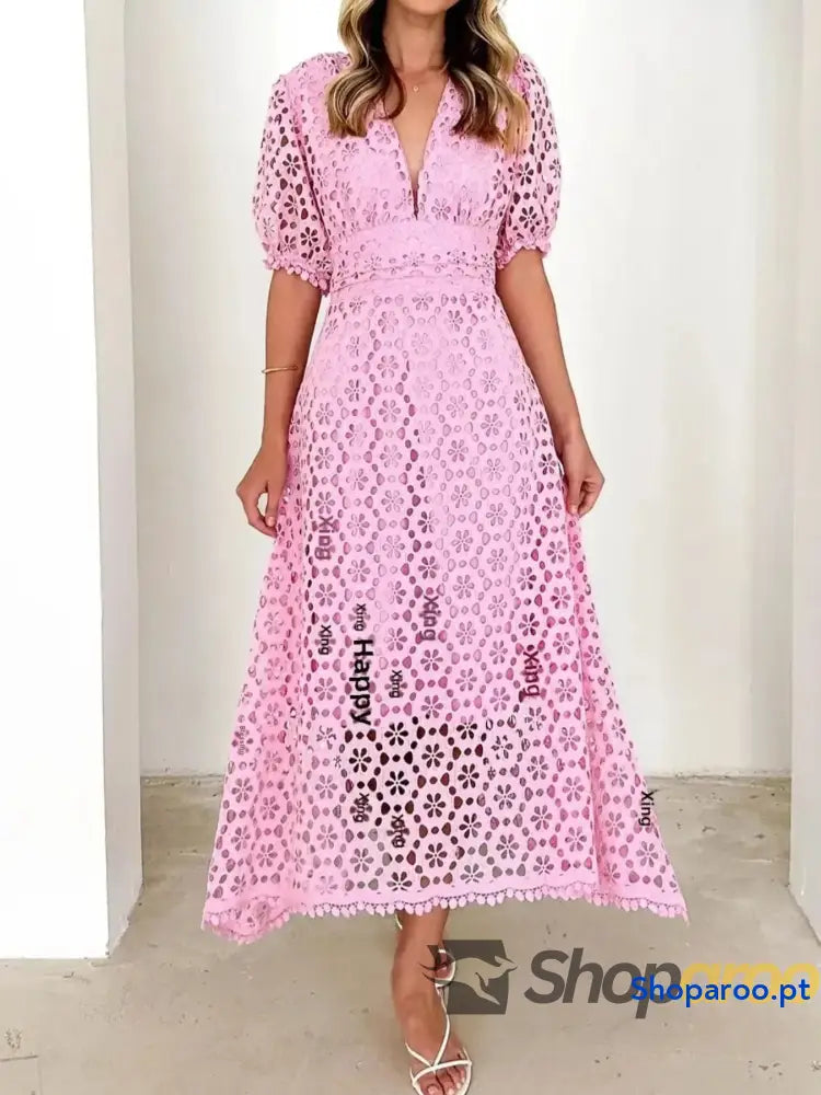 Eyelet Lace V-Neck Midi Dress with Puff Sleeves