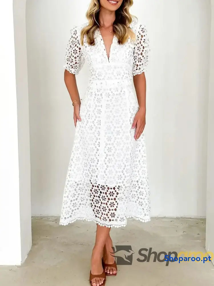 Eyelet Lace V-Neck Midi Dress with Puff Sleeves