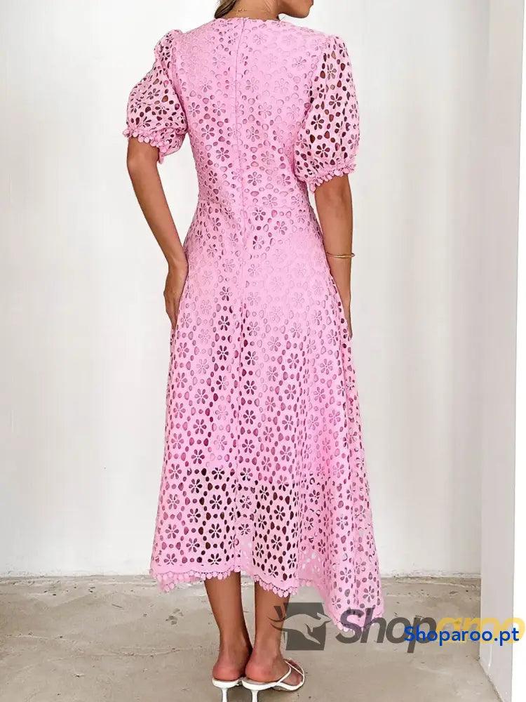 Eyelet Lace V-Neck Midi Dress with Puff Sleeves