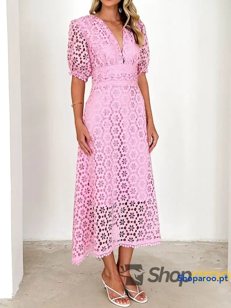 Eyelet Lace V-Neck Midi Dress with Puff Sleeves