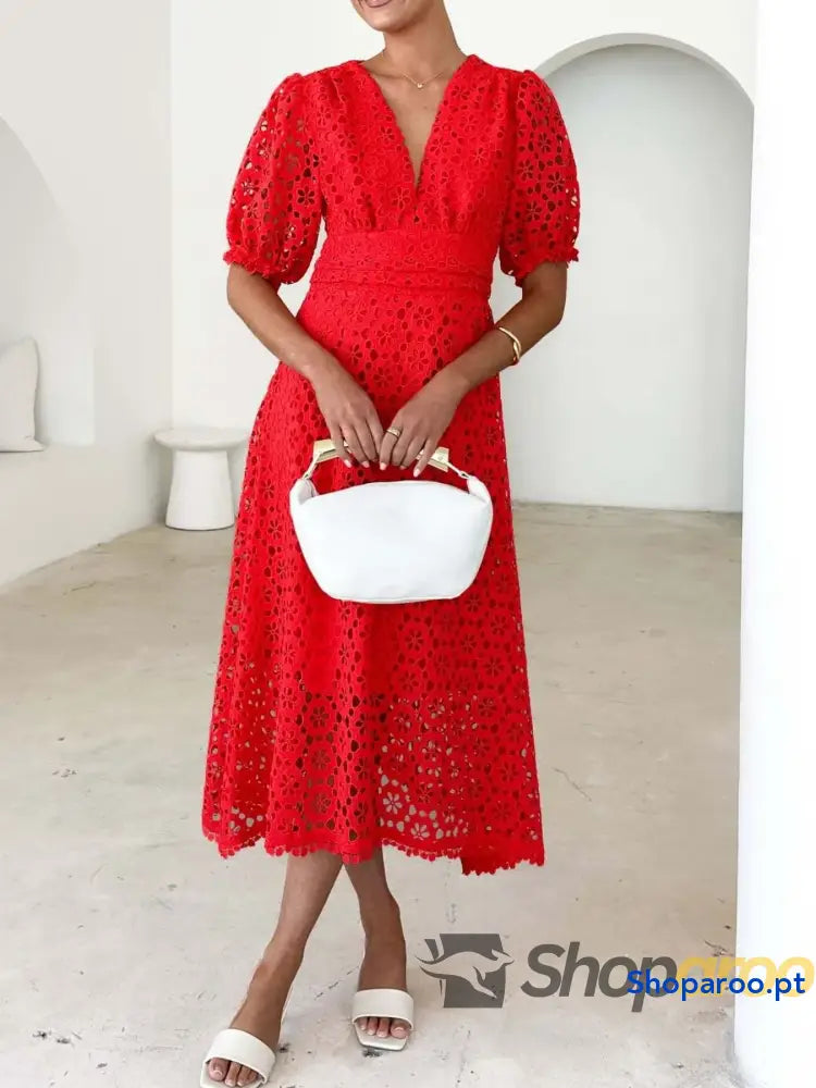 Eyelet Lace V-Neck Midi Dress with Puff Sleeves