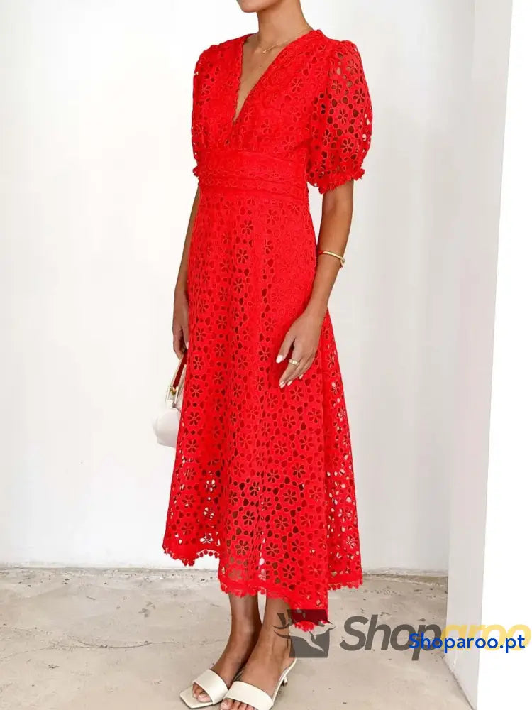 Eyelet Lace V-Neck Midi Dress with Puff Sleeves