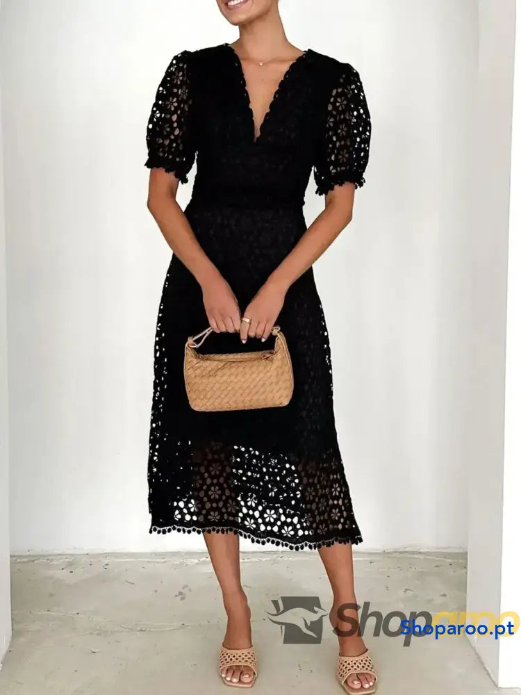 Eyelet Lace V-Neck Midi Dress with Puff Sleeves